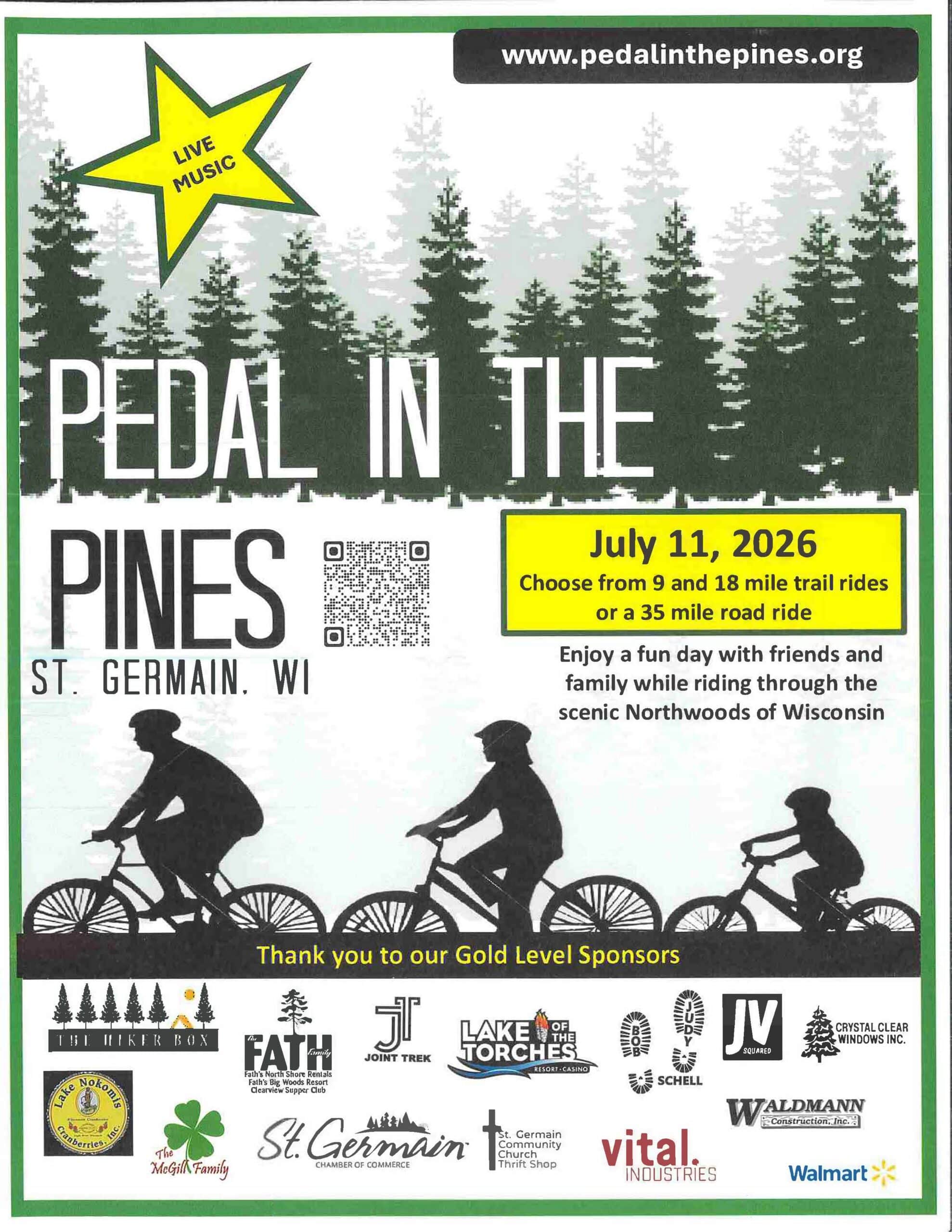 Event poster for "Pedal in the Pines" in St. Germain, WI on July 11, 2026, featuring silhouettes of cyclists, event details, sponsor logos, and a forest background.