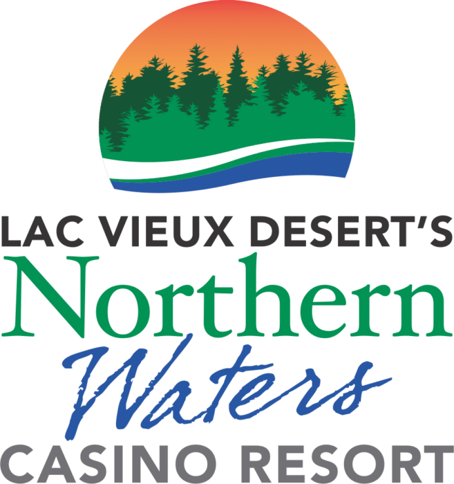 Logo for Lac Vieux Desert's Northern Waters Casino Resort featuring a sunset, trees, and water wave design above the text.