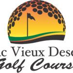 Logo of Lac Vieux Desert Golf Course featuring a stylized gradient sunset with a golf flag and ball pattern above the text.