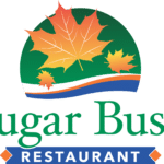 Logo of Sugar Bush Restaurant featuring three autumn leaves in varying colors of orange, yellow, and green, with a wavy line below them. The name "Sugar Bush" is written in green text.