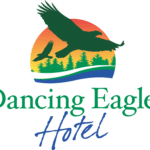 Logo of Dancing Eagles Hotel featuring two birds in flight over a forest with a sunset background. The text "Dancing Eagles Hotel" is below the image.