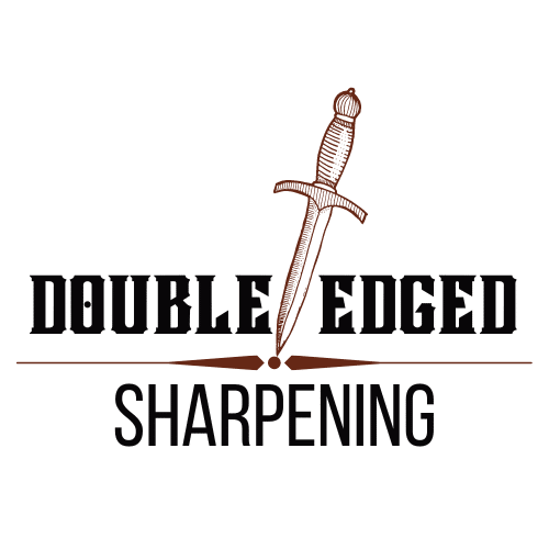 Logo with a sword image and the text "Double Edged Sharpening." The sword is positioned between the words "Double Edged" and "Sharpening.