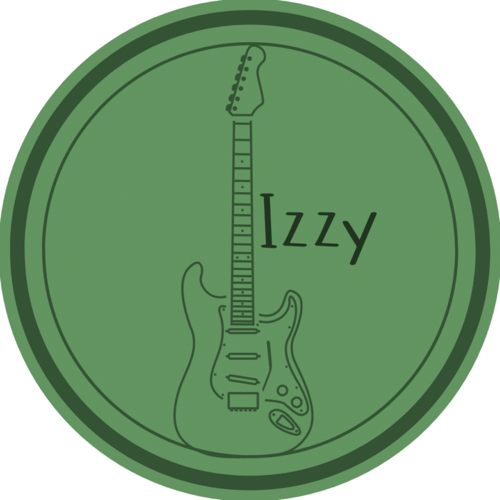 A green circular logo featuring an illustration of an electric guitar with the text "Izzy" next to it.