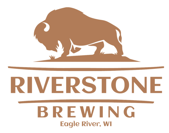 Logo for Riverstone Brewing in Eagle River, WI, featuring a silhouette of a bison standing on a patch of grass.