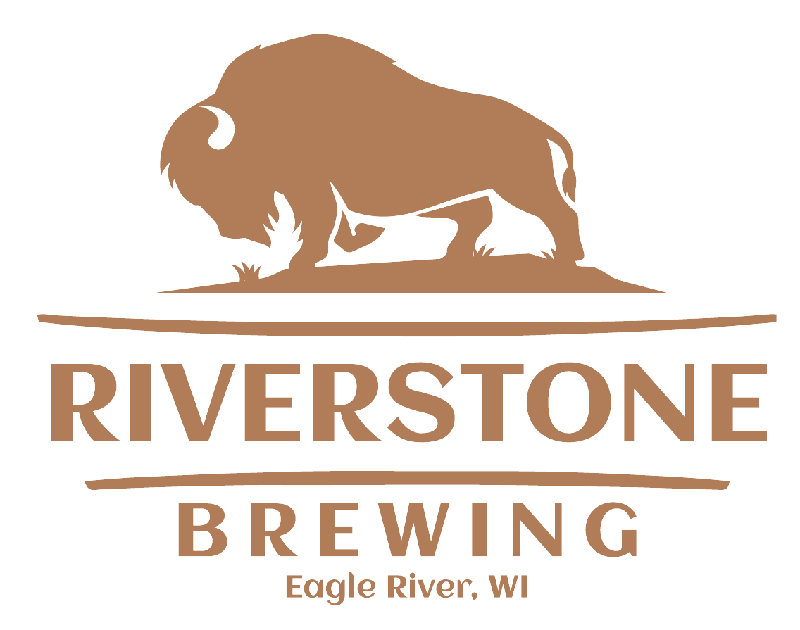 Logo for Riverstone Brewing in Eagle River, WI, featuring a silhouette of a bison standing on a patch of grass.