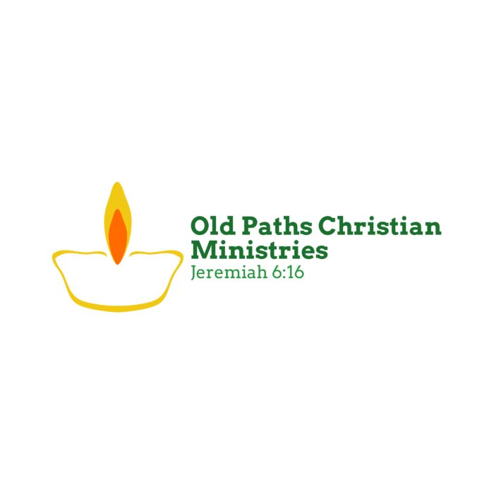 Logo of Old Paths Christian Ministries with an illustration of a lit candle and the quote "Jeremiah 6:16" in green text.