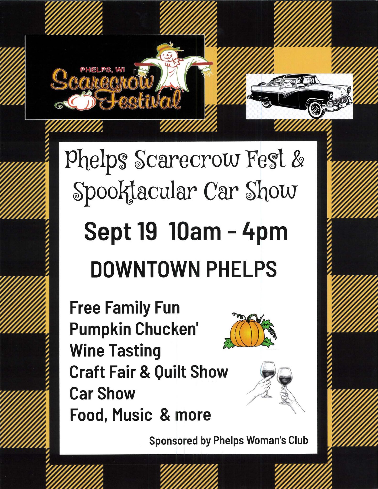 Flyer for Phelps Scarecrow Fest & Spooktacular Car Show on Sept 19, 10am-4pm, Downtown Phelps, listing activities like a car show, craft fair, food, wine tasting, and more.