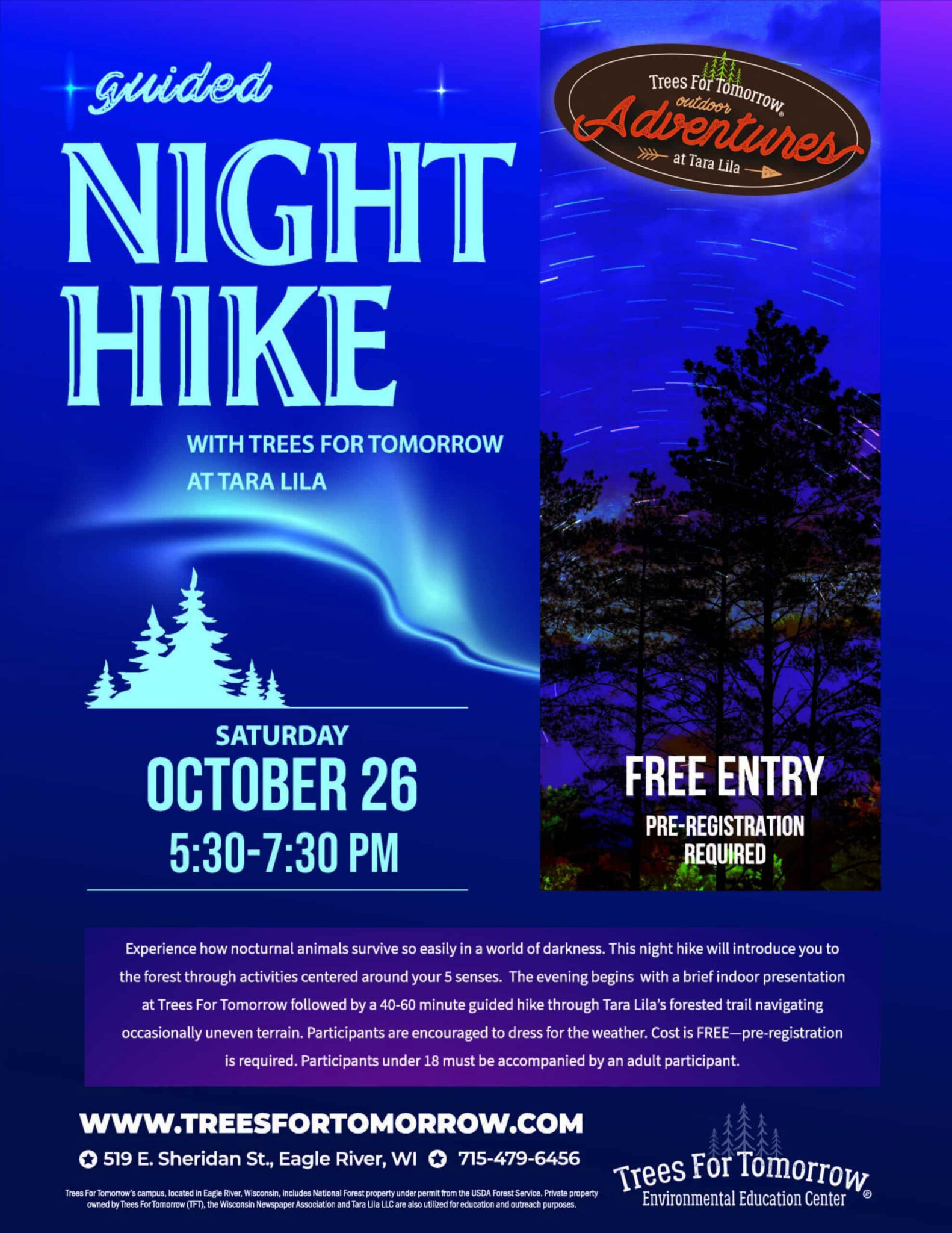 Promotional poster for a guided night hike event with Trees for Tomorrow at Tara Lila on Saturday, October 26, from 5:30-7:30 PM. Features include free entry and a 40-60 minute guided hike. Pre-registration required.