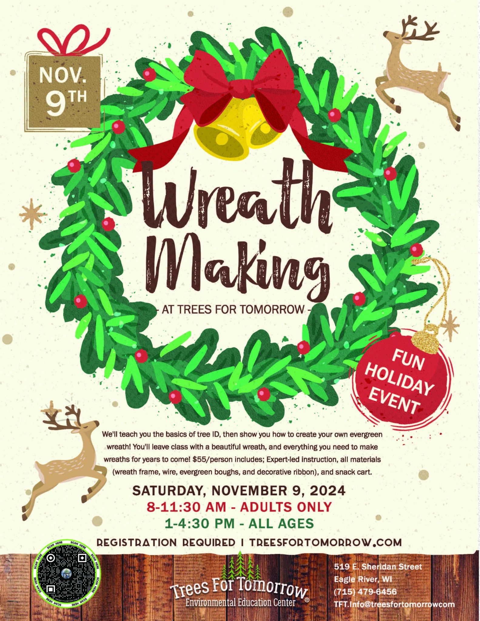 Advertisement for "Wreath Making" at Trees For Tomorrow on November 9, 2024, with event details, pricing, and contact information. Includes wreath image with a red bow and event highlights like crafts and instruction.