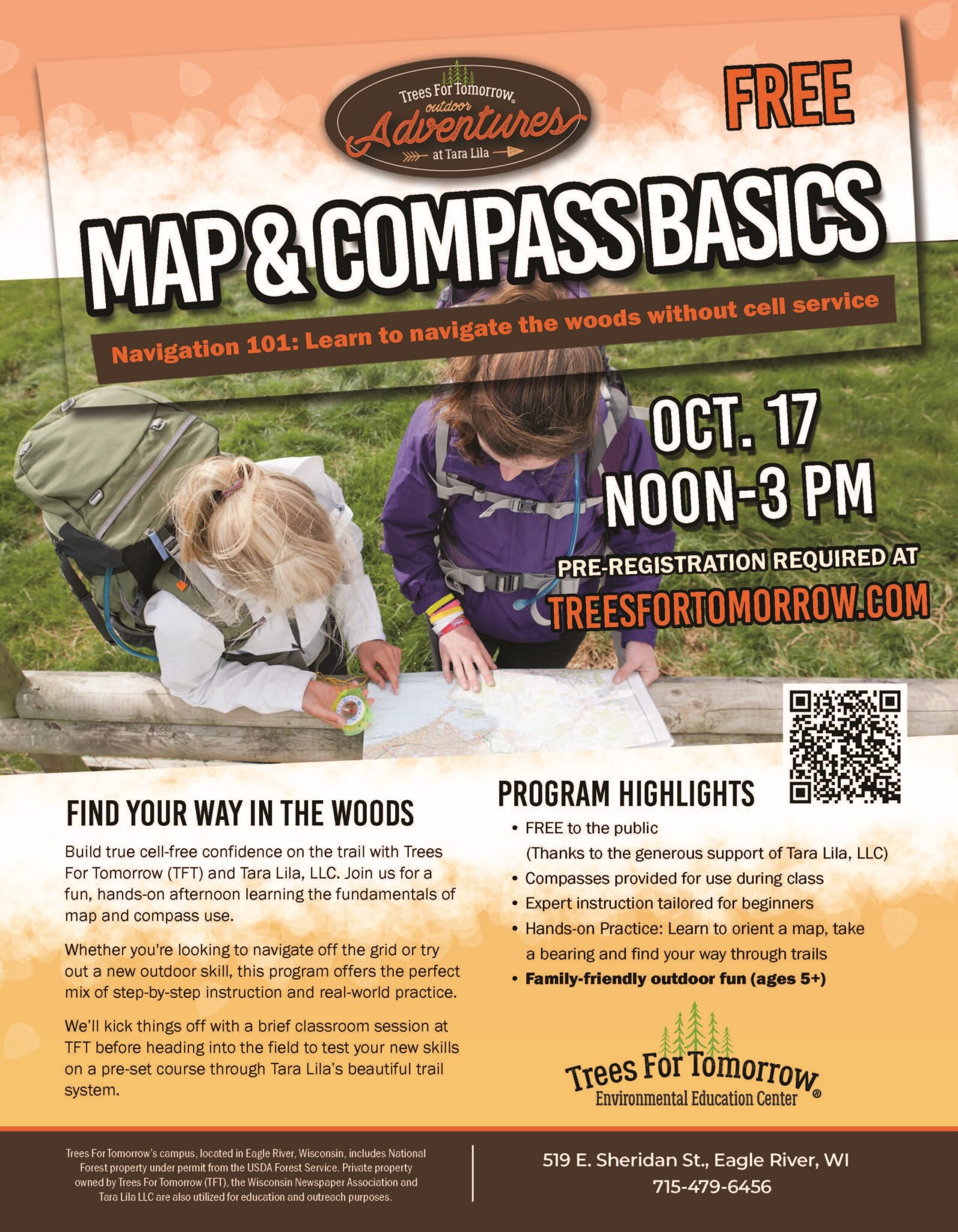 Flyer for a free map and compass basics class on Oct. 17, noon–3 p.m., at Trees For Tomorrow, with program details, registration info, and a photo of kids using a map outdoors.