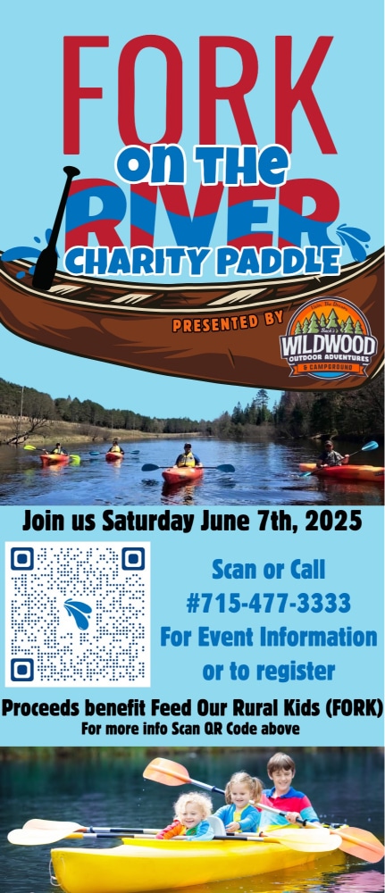 Poster for "Fork on the River Charity Paddle" on June 7, 2025, benefiting Feed Our Rural Kids. Features kayakers on a river with contact info and QR code for event details and registration.