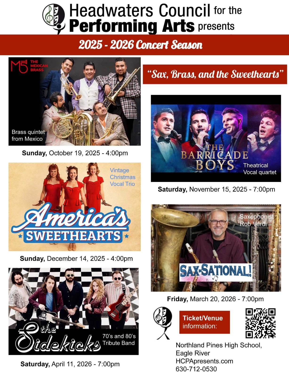 A poster for the 2025-2026 Headwaters Council for the Performing Arts Concert Season featuring five musical acts with dates, times, and ticket information.