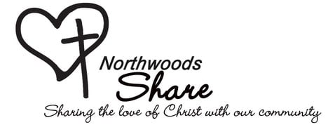 Logo with a heart and cross design, text reads: "Northwoods Share. Sharing the love of Christ with our community.