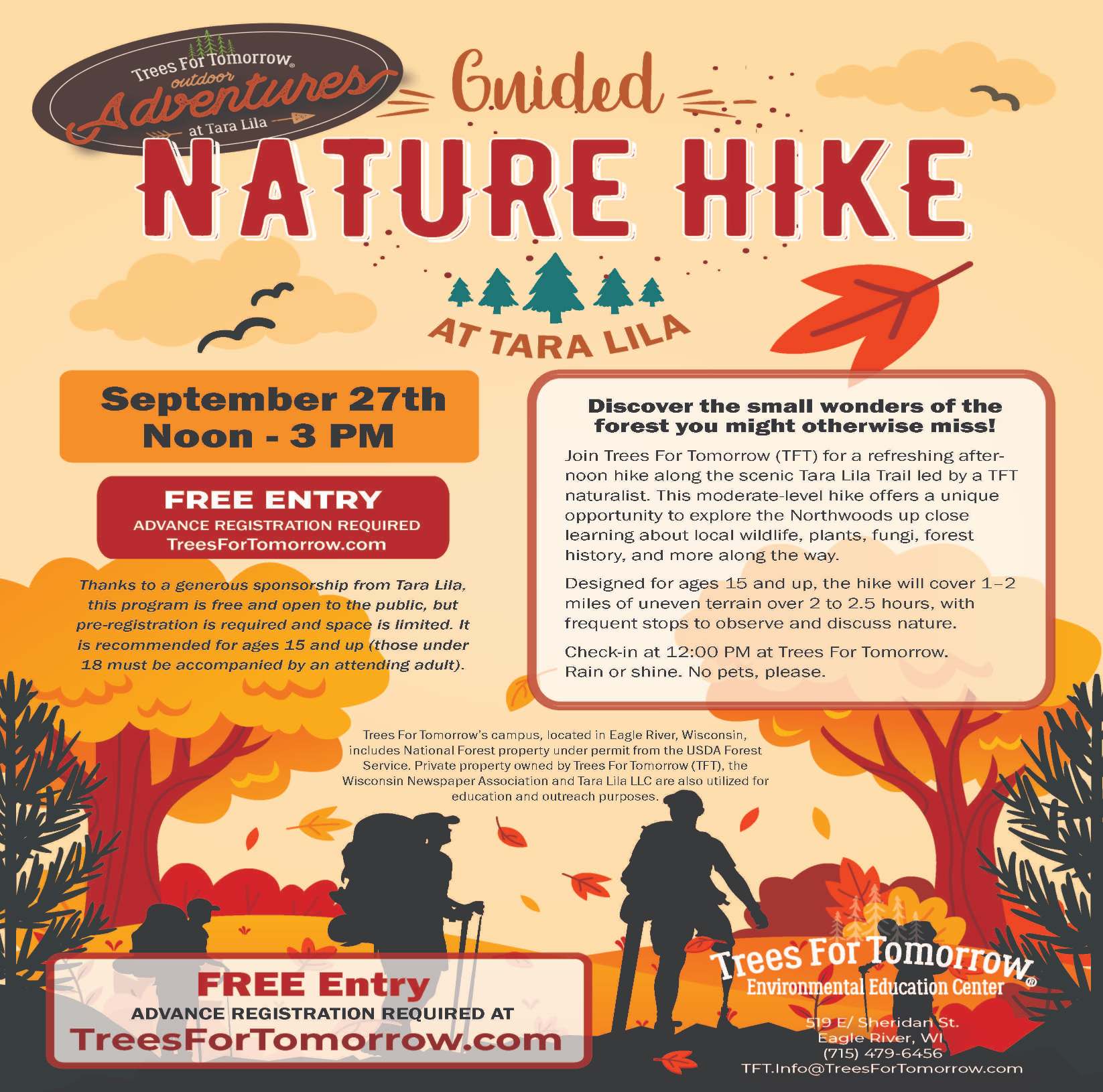 Flyer for a guided nature hike at Tara Lila on September 27th, noon to 3 PM, hosted by Trees For Tomorrow. Free entry with advance registration required.