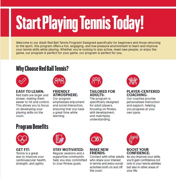 Flyer promoting an adult Red Ball Tennis Program, highlighting benefits like fun, tailored coaching, fitness, motivation, new friends, and increased confidence.