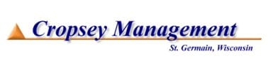 Logo of Cropsey Management featuring a stylized triangle on the left. The text reads “Cropsey Management, St. Germain, Wisconsin” in blue font.