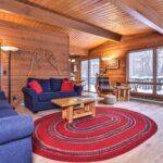 Cozy rustic living room with wooden walls and ceiling, blue sofas with red cushions, a red rug, a wooden coffee table, and large windows overlooking a snowy landscape.