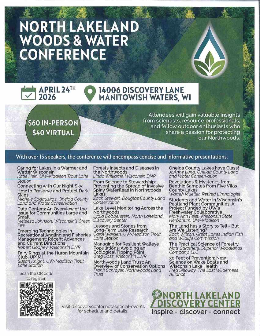 Flyer for the North Lakeland Woods & Water Conference on April 24, 2026, in Manitowish Waters, WI, listing sessions, ticket prices, and event details.