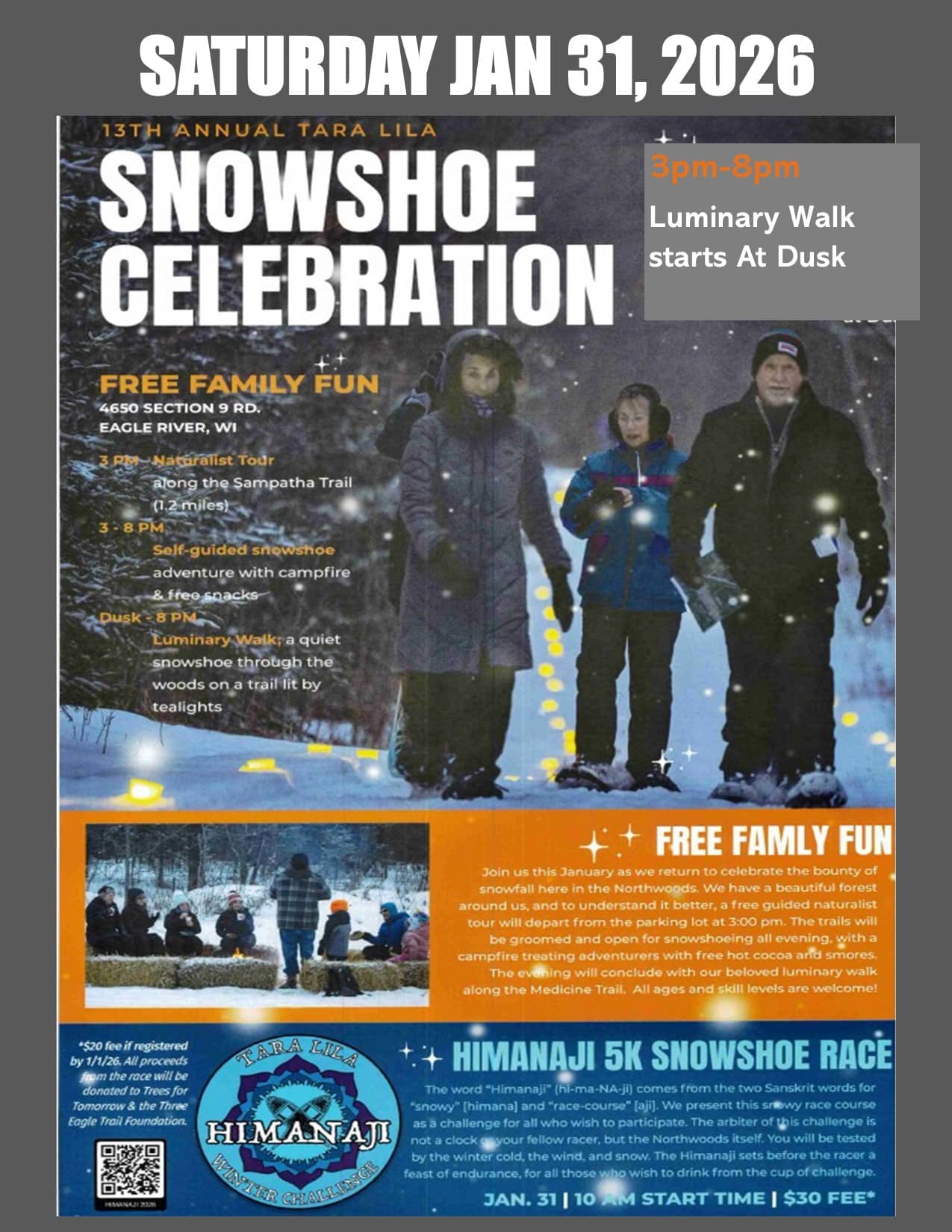 Three people in winter clothing stand in snowy woods at dusk. Poster advertises a snowshoe celebration event on January 31, 2026, with family activities and a 5K race in Eagle River, WI.