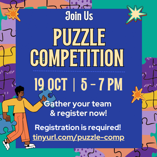 Poster for a puzzle competition on October 19 from 5-7 PM, with registration required at tinyurl.com/puzzle-comp. Features puzzle pieces and a person reaching up.