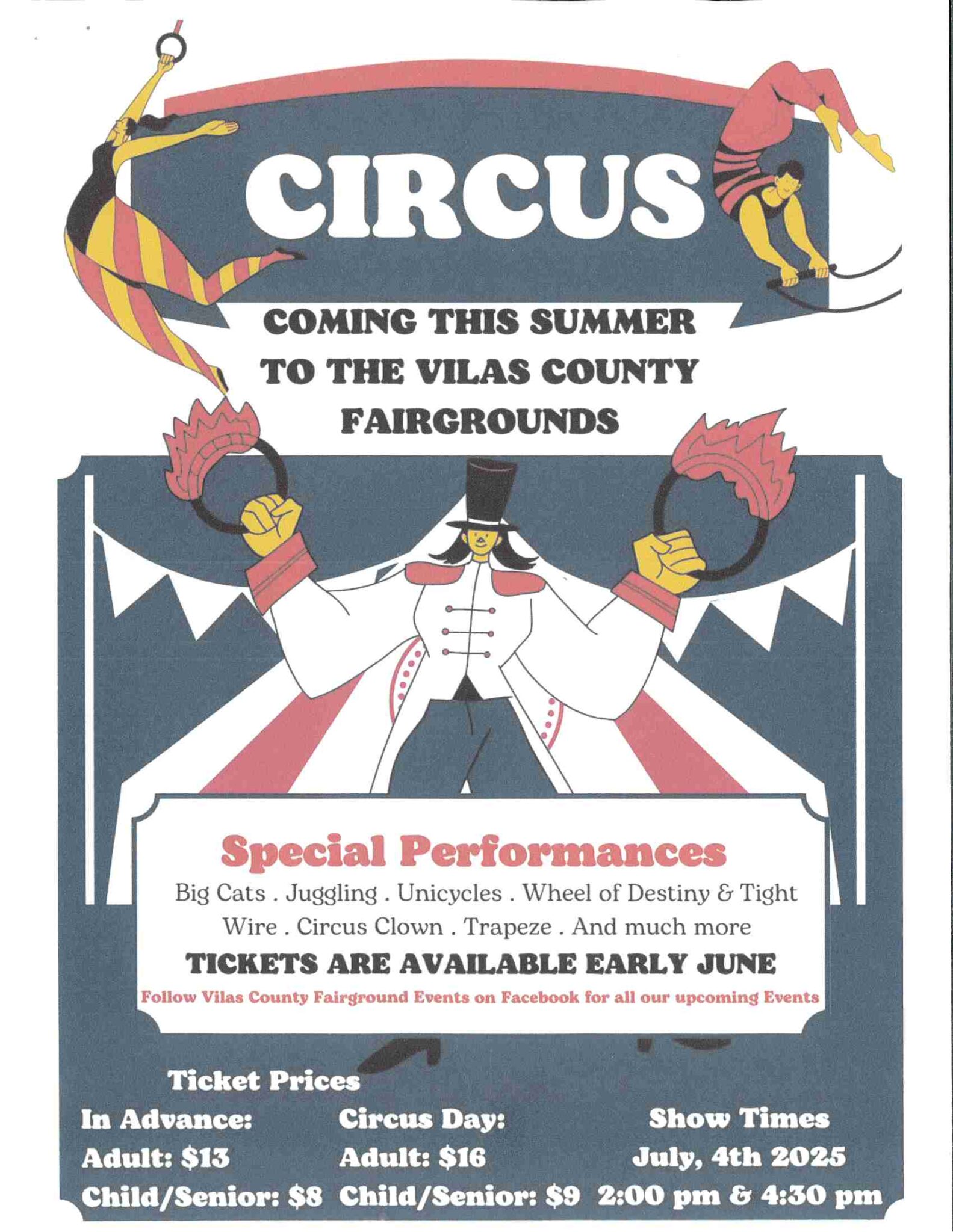 Circus poster announcing shows at Vilas County Fairgrounds on July 4th, 2025. Features acts like big cats, juggling, unicycles, and more. Ticket prices and performance times included.