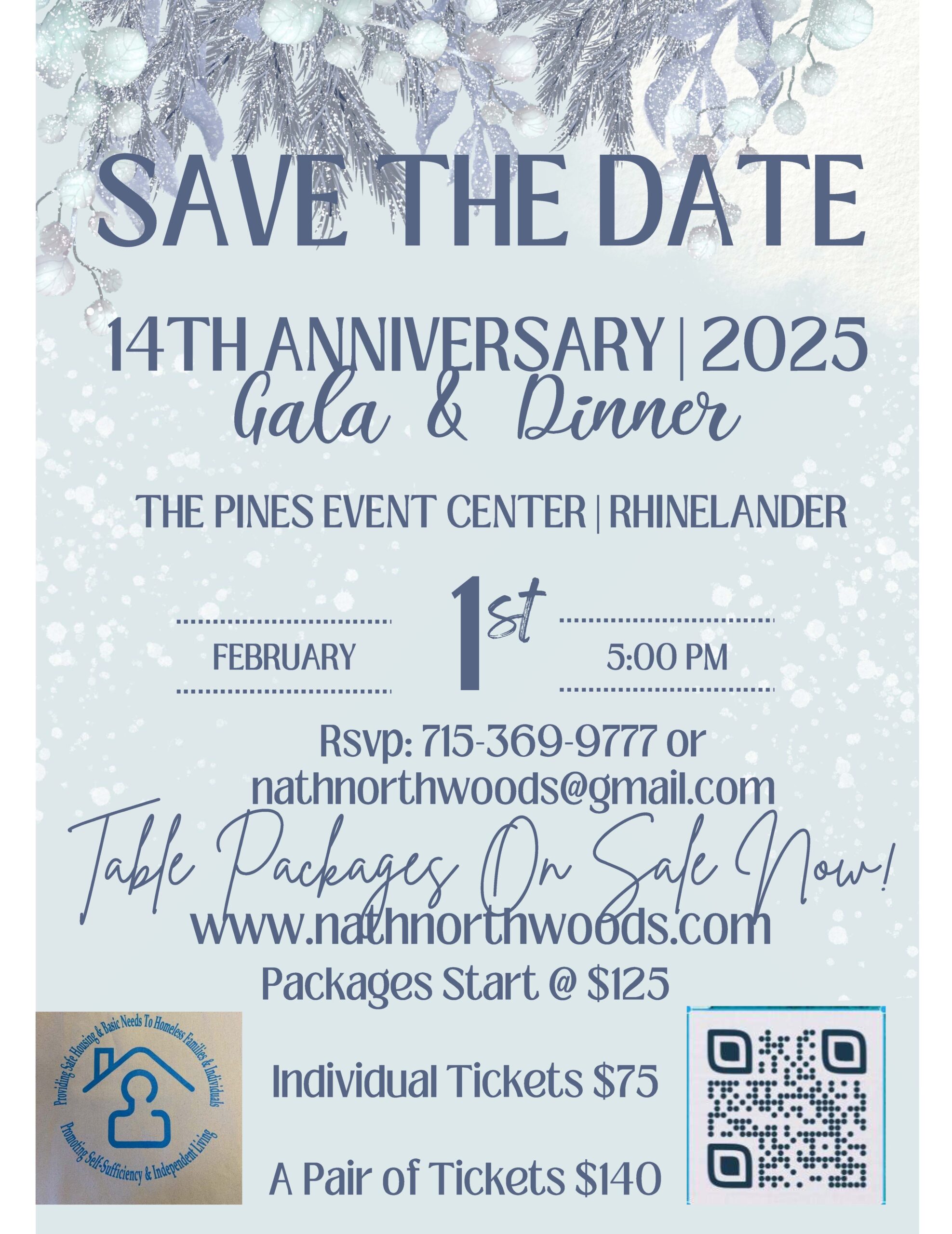 Save the Date flyer for 14th Anniversary Gala & Dinner, February 1, 2025, at The Pines Event Center, Rhinelander. RSVP information and ticket prices provided.