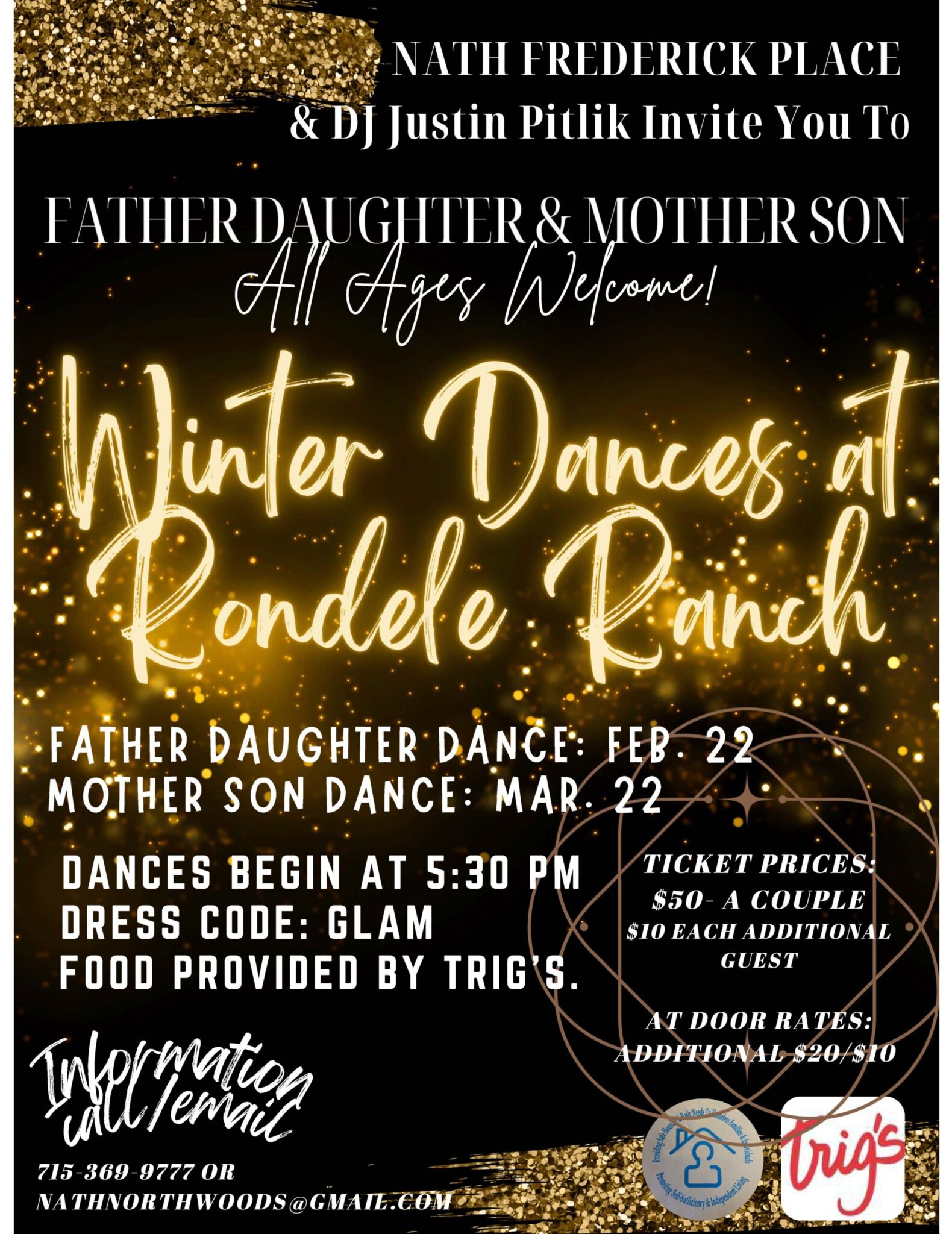 Flyer for winter dances at Rondele Ranch, featuring Father-Daughter and Mother-Son events on February 22 and March 22. Dress code is glam with food by Trig's. Contact details included.