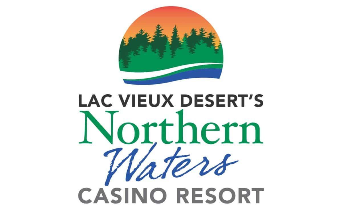 Casino-New-Logo Logo for Lac Vieux Desert's Northern Waters Casino Resort featuring a sunset, trees, and water wave design above the text.