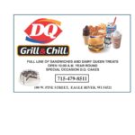 Dairy Queen menu advertisement featuring a burger, fries, soft serve cones, a Blizzard, a cake, and drinks. Includes location, phone number, and hours for Eagle River, WI.