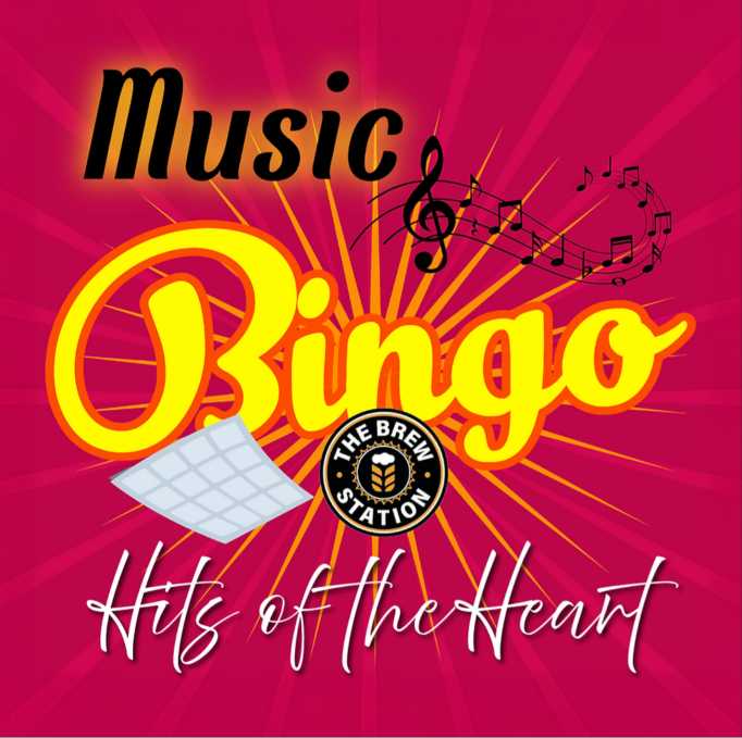 Music Bingo poster with a red background, musical notes, and text: "Hits of the Heart" and "The Brew Station.