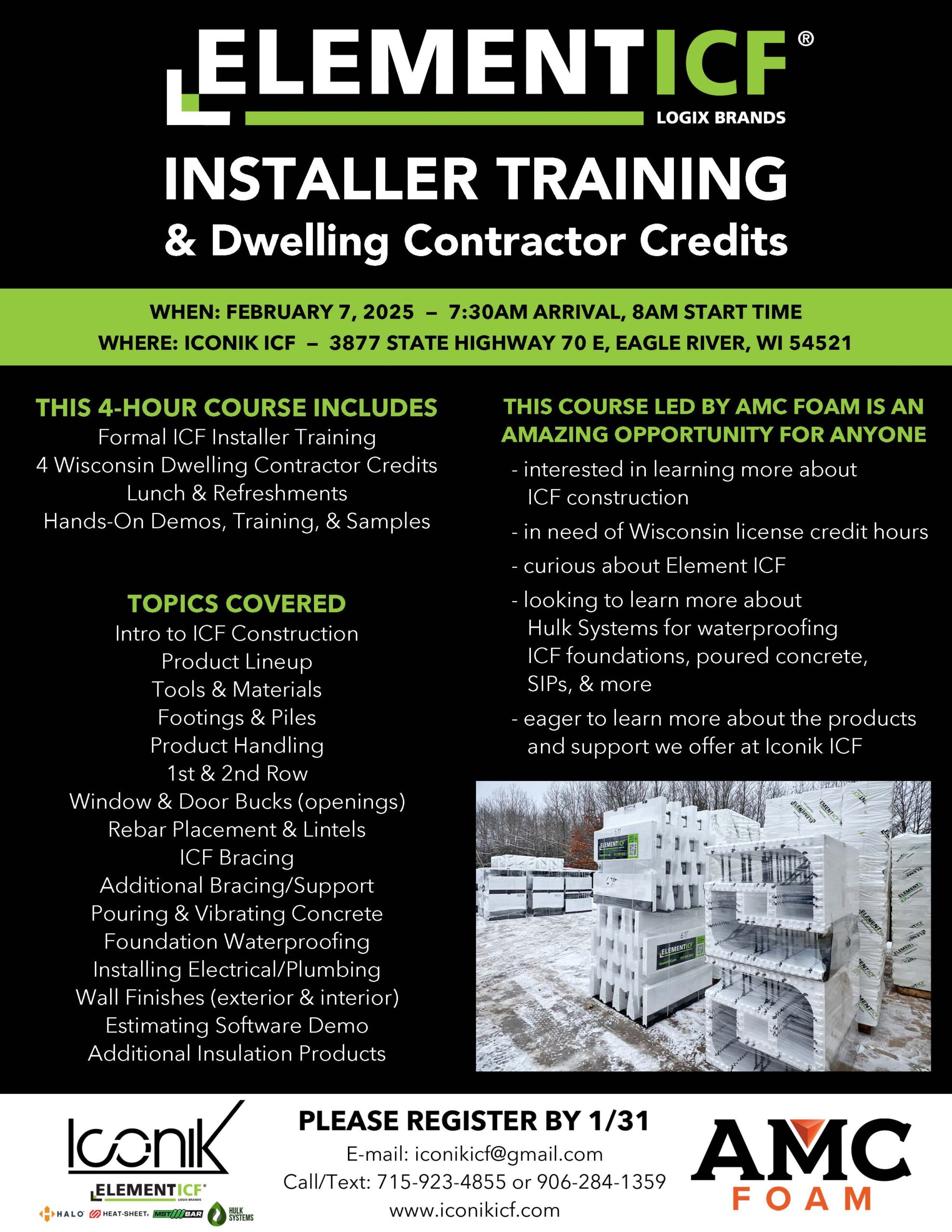 Flyer for Element ICF installer training on February 7, 2025, in Eagle River, WI. Includes topics like ICF construction, tools, and building efficiencies. Registration needed by 1/31.