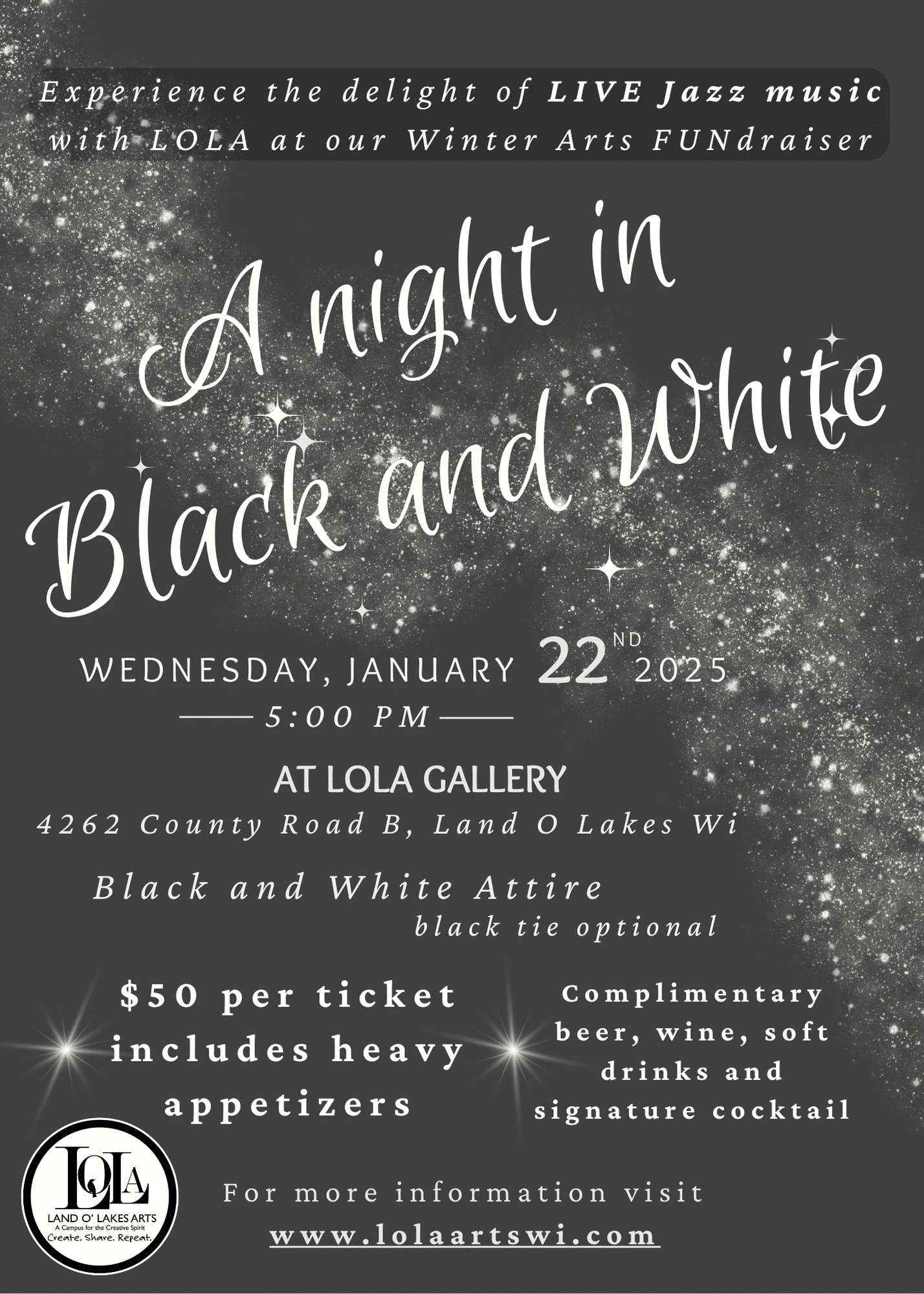 Black and White themed jazz event poster for January 22, 2025, at LOLA Gallery, Land O Lakes, WI. $50 per ticket, includes appetizers and drinks. Black tie optional.