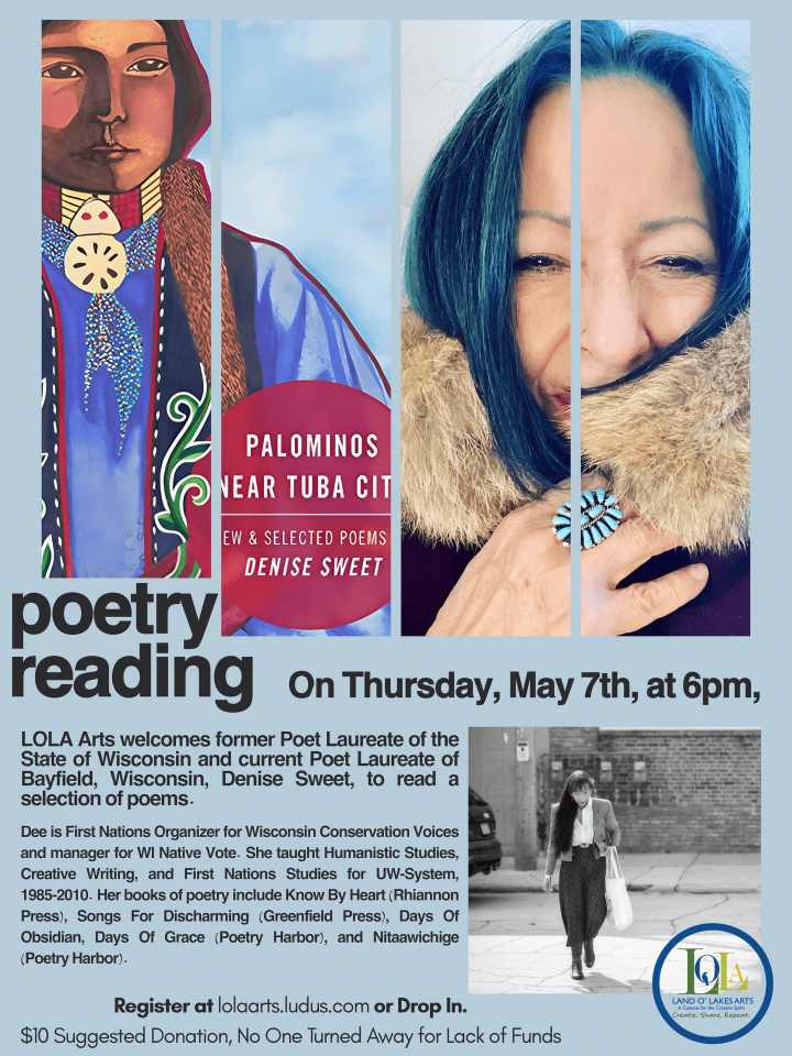 Poster for a poetry reading event featuring Denise Sweet, with event details and a $10 suggested donation; includes artwork of a woman and book cover.