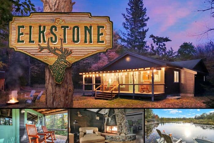 Rustic cabin surrounded by trees at dusk, featuring a porch with rocking chairs. Inset images show a cozy interior with a stone fireplace and a serene lake view. Sign reads "The Elkstone.