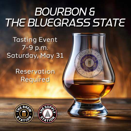 A glass of bourbon sits on a wooden surface with a Kentucky seal, text details a tasting event on Saturday, May 31 from 7-9 p.m. with reservation required, logos at bottom corners.