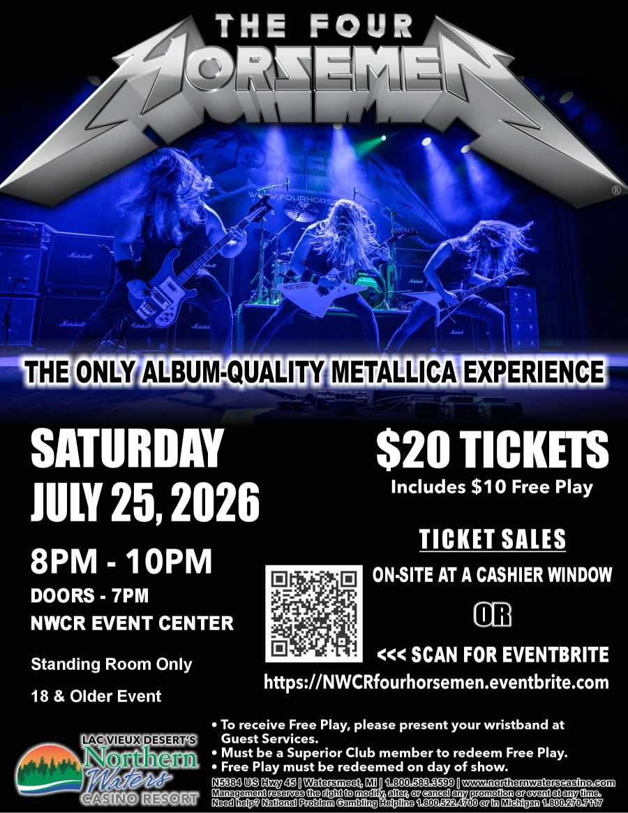 Concert poster for "The Four Horsemen," a Metallica tribute band, performing July 25, 2026, at NWCR Event Center, with $20 tickets including $10 free play.