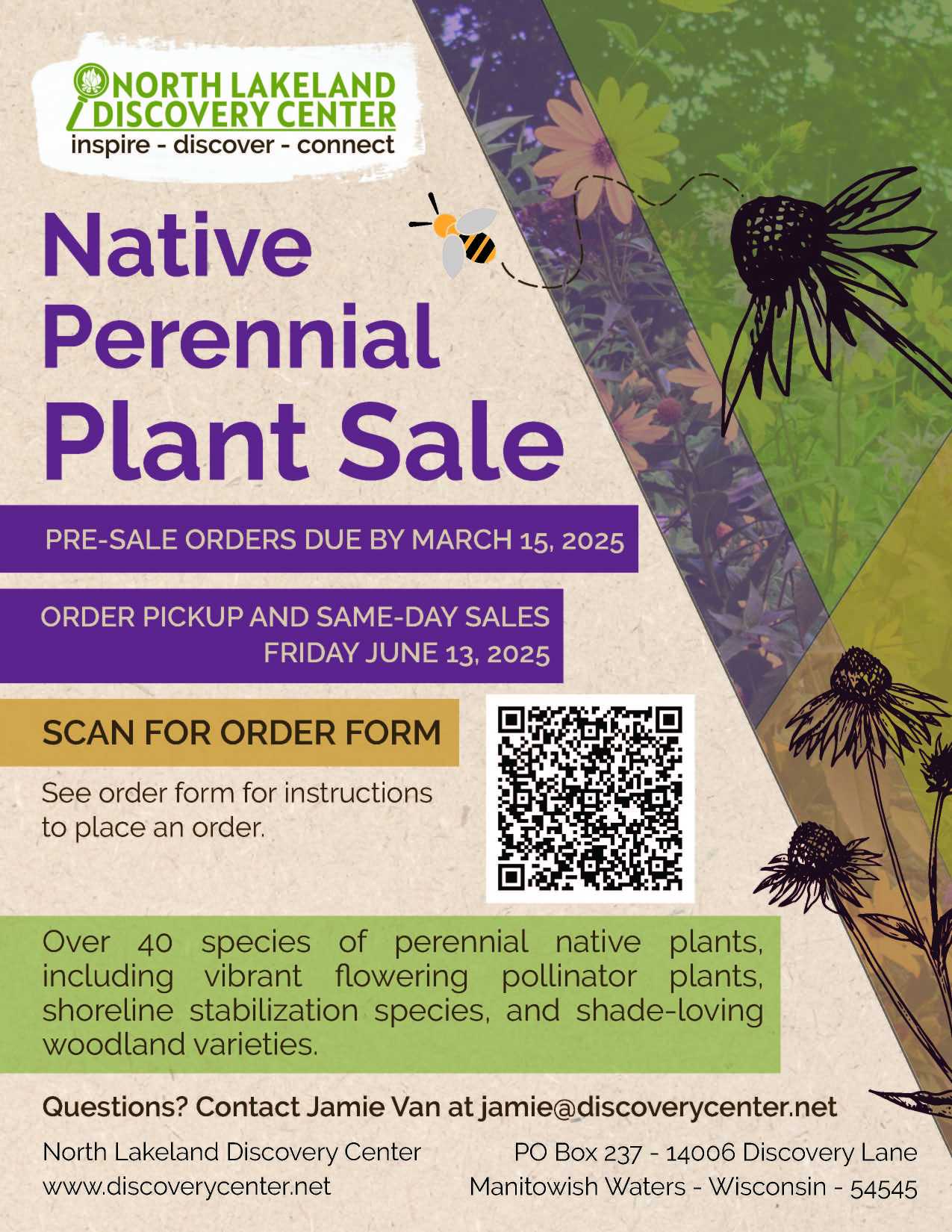 Flyer for Native Perennial Plant Sale at North Lakeland Discovery Center. Pre-sale orders due March 15, 2025. Order pickup June 13, 2025. Contact info and details included.