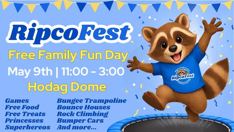 RipcoFest event banner with a cartoon raccoon in a blue shirt, event details for a free family fun day at the Hodag Dome on May 9th, listing activities and attractions.