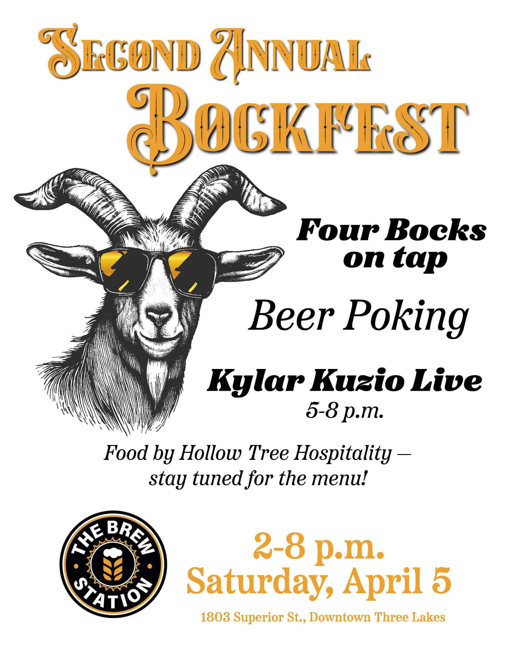 Poster for the Second Annual Bockfest featuring beer poking and live music by Kylar Kuzio, with food by Hollow Tree Hospitality. Event at The Brew Station, April 5, 2-8 p.m.