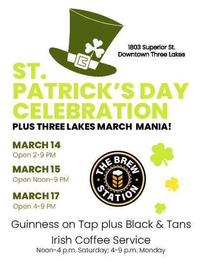 St. Patrick’s Day event poster with date, time, and location details. Features a green hat, shamrocks, and promotes Guinness, Black and Tans, and Irish Coffee.