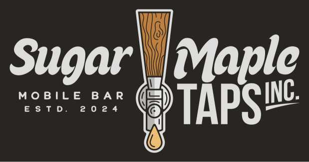 Logo for Sugar Maple Taps Inc., featuring a wooden tap with a drop. Text reads "Mobile Bar Estd. 2024." Black background.