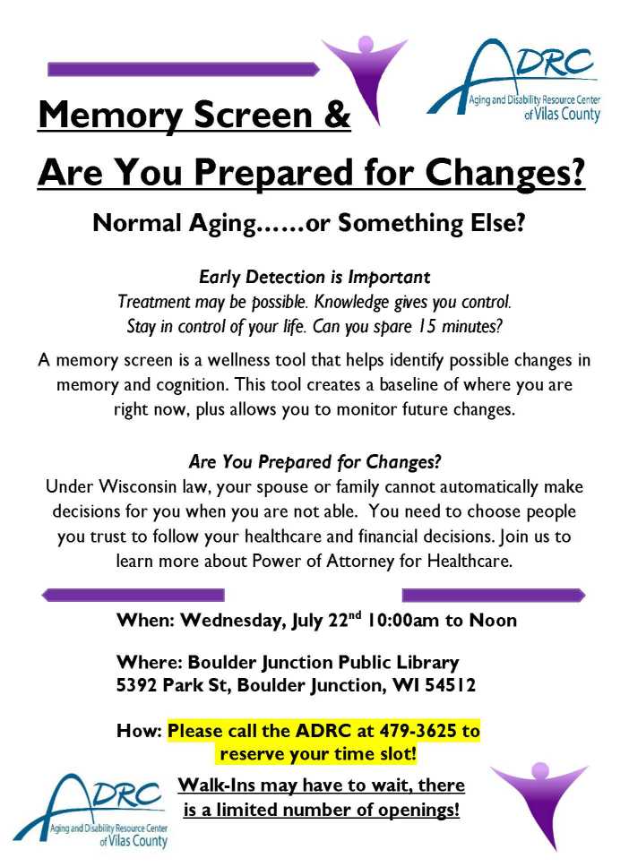 Flyer for an event about memory screening and aging, hosted by ADRC, with details on time, location, and contact information for scheduling a memory screening.