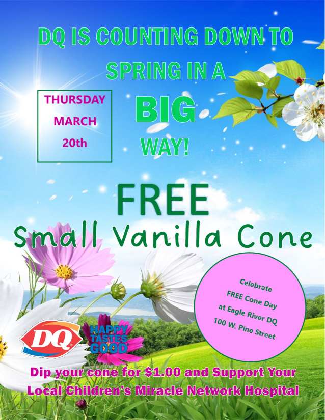 Promotional flyer for Dairy Queen offering a free small vanilla cone on Thursday, March 20th. Includes spring-themed background and charity information.