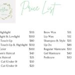 A salon price list detailing services and prices, including highlights, cuts, waxing, and manicure options, under the heading "Price List" with "Allure Est. 2023" logo.