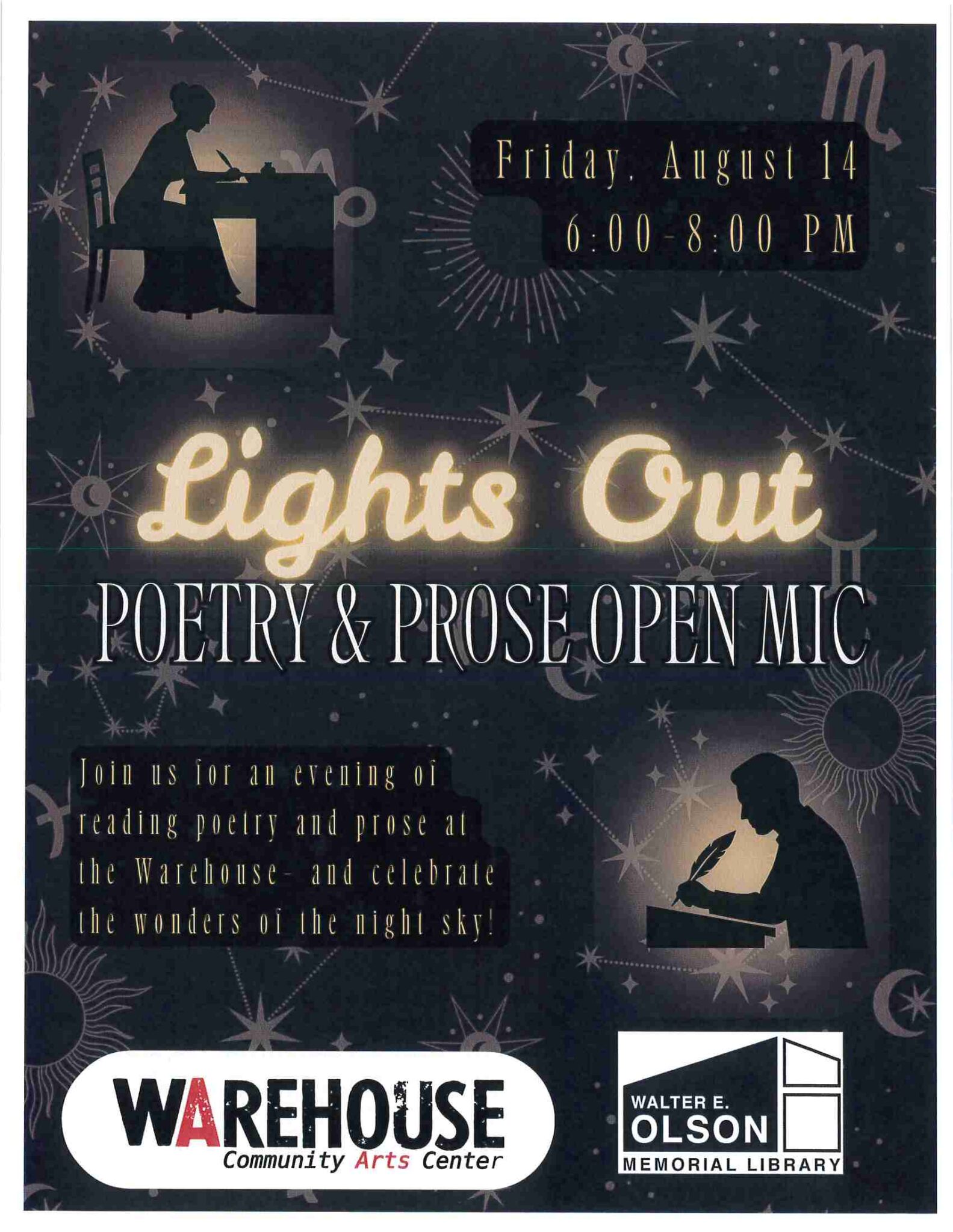 Flyer for “Lights Out Poetry & Prose Open Mic” at the Warehouse Community Arts Center on Friday, August 14, from 6-8 PM, in partnership with Walter E. Olson Memorial Library.