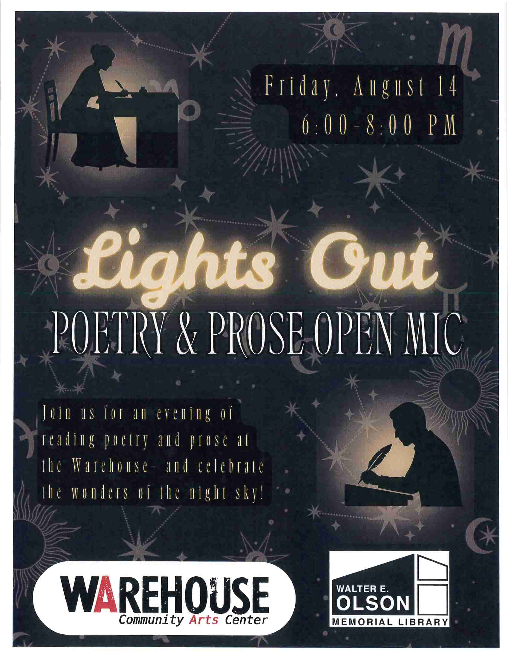 Flyer for “Lights Out Poetry & Prose Open Mic” at the Warehouse Community Arts Center on Friday, August 14, from 6-8 PM, in partnership with Walter E. Olson Memorial Library.