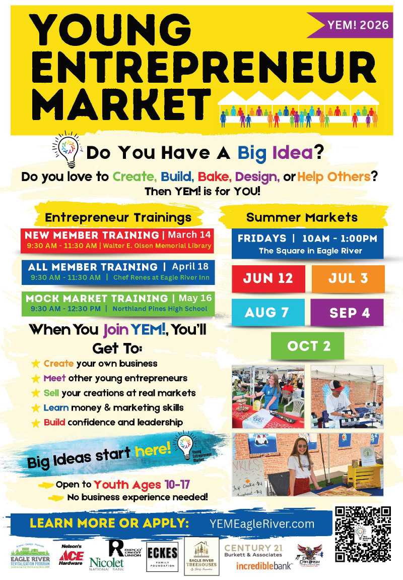 YEM! 2026 Youth Flier Young Entrepreneur Market flyer with event dates, training info, and colorful graphics inviting youth ages 10-17 to join, create, and learn business skills.