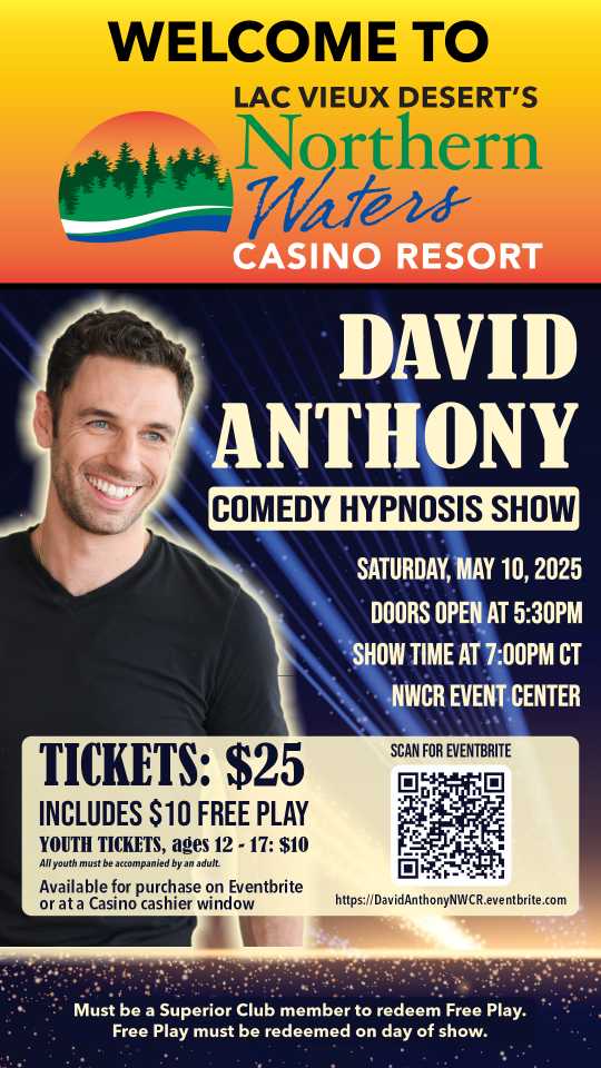 Poster for David Anthony's Comedy Hypnosis Show on May 10, 2025, at NWCR Event Center. Tickets: $25 adults, $12 youth. Show at 7:00 PM, doors at 5:30 PM.