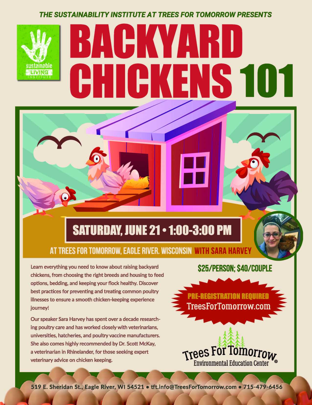 Backyard Chickens 101 FNL2 (002) (002) Colorful advertisement for "Backyard Chickens 101" workshop on June 21, 1:00-3:00 PM in Eagle River, WI. Features images of friendly chickens and event details.