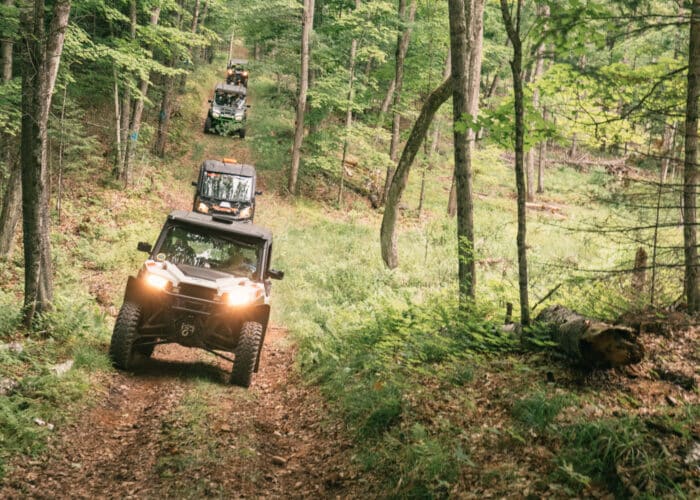 Three all-terrain vehicles drive up a dirt trail through a dense, green forest. The path is narrow and surrounded by tall trees and underbrush.